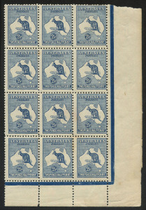 AUSTRALIA: Kangaroos - Third Watermark: 2½d Indigo, lower right corner block (12) from the Lower Plate, with variety "Retouch over T of TWO" at 2R40 [BW.11(2)q, MUH but with light overall gum tone and 3 units with ink marks on gum; some perf. seps at base.