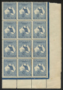 AUSTRALIA: Kangaroos - Third Watermark: 2½d Indigo, lower right corner block (12) from the Lower Plate, with variety "Retouch over T of TWO" at 2R40 [BW.11(2)q, MUH but with light overall gum tone and 3 units with ink marks on gum; some perf. seps at base