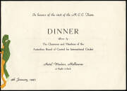 1946-47 ENGLAND TOUR TO AUSTRALIA: Dinner menu in honour of 1946-47 England Ashes Team, with 21 signatures including Don Bradman, Lindsay Hassett, Keith Miller, Norman Yardley, Denis Compton & Alec Bedser. Ex Fred Freer collection. - 2