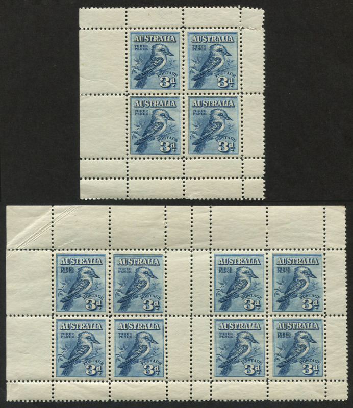 AUSTRALIA: Other Pre-Decimals: 1928 (SG.MS106a), International Philatelic Exhibition 3d blue Kookaburra M/Ss (3) MUH; one in excellent condition, the other two with small faults.