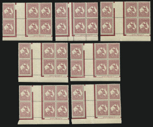 AUSTRALIA: Kangaroos - CofA Watermark: Redrawn Die 2/- Maroon inter-panneau Authority Imprint blocks of 6, comprising of one block with the 14mm gutter and five blocks with the 25mm gutter, all fresh MUH. (36). BW:41zb & zd.