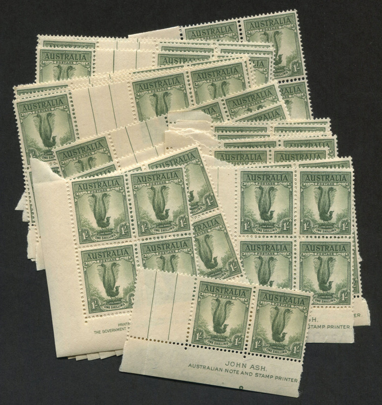 AUSTRALIA: Other Pre-Decimals: 1937-49 (SG.192) 1/- Lyrebird, perf.14.75 x 14: a quantity of Imprint blocks comprising of Ash Imprint blks.6 with gutters (8), Ash Imprint blks.4 (9) and a single Ash Imprint pair; Authority Imprint blks.6 with gutters (3)