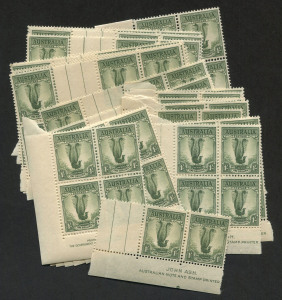 AUSTRALIA: Other Pre-Decimals: 1937-49 (SG.192) 1/- Lyrebird, perf.14.75 x 14: a quantity of Imprint blocks comprising of Ash Imprint blks.6 with gutters (8), Ash Imprint blks.4 (9) and a single Ash Imprint pair; Authority Imprint blks.6 with gutters (3) & Authority Imprint blks.4 (9). (Total: 140 stamps). MUH.