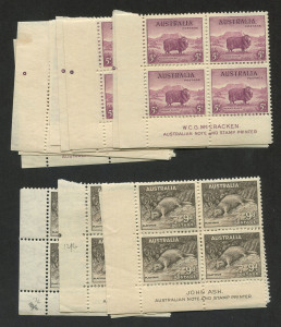 AUSTRALIA: Other Pre-Decimals: 1937-49 (SG.171) 5d Merino Ram: a group of Imprint blks. of 4, John Ash (3) and McCracken (6). (Total: 36 stamps, of which 35 are MUH).