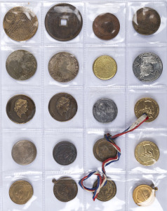 Coins & Banknotes: General & Miscellaneous Lots: Accumulation on stocksheets and hagners with tokens incl, Tasmania 1850 Joseph Moir (wholesalers) one penny, Victoria 1862 T. Stokes 'IN VINO VERITAS' one penny, New Brunswick 1843 half-penny, New Zealand 1863 Ashton (haberdashers) one penny, 1906 San Francisco earthquake medallion, plus medals, lapel pins, badges; also Commonwealth Reply Coupons GB 7d (3 used), Australia 4d (3, two used), 5d (10 unused) 5c (9), Imperial Reply Coupons Australia 4