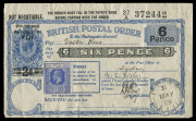 FIJI - Postal History: 1929 (May 31) British 6d Postal Order overprinted 'POUNDAGE/PAYABLE IN/FIJI/2d' cancelled 'P.O. BA/31/MAY/29/FIJI', uncancelled Fiji KGV 3d affixed, without counterfoil, pinholes & small tear at top. Rare survivor.