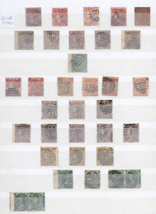 GREAT BRITAIN: 1840-1950s used collection in stockbook with imperf 1d blacks (6, mixed condition), 6d Embossed (2, one on cover front), Surface Printed issues incl. 1855-57 Medium Garter 4d carmine on blued paper SG.63, 1865-67 9d straw wing-margin SG.98, 1867-80 2/- blue (3), 1867-83 5/- (6), 1880-83 3d on 3d (2) & 6d on 6d (2), 1883-84 2/6d (11, one on blued paper) and 5/- (15, one on a piece), KEVII to 2/6d (6), 5/- (9) & 10/- (2), 1913-19 10/- Seahorses (6), 1934 Re-engraved 10/- (8),