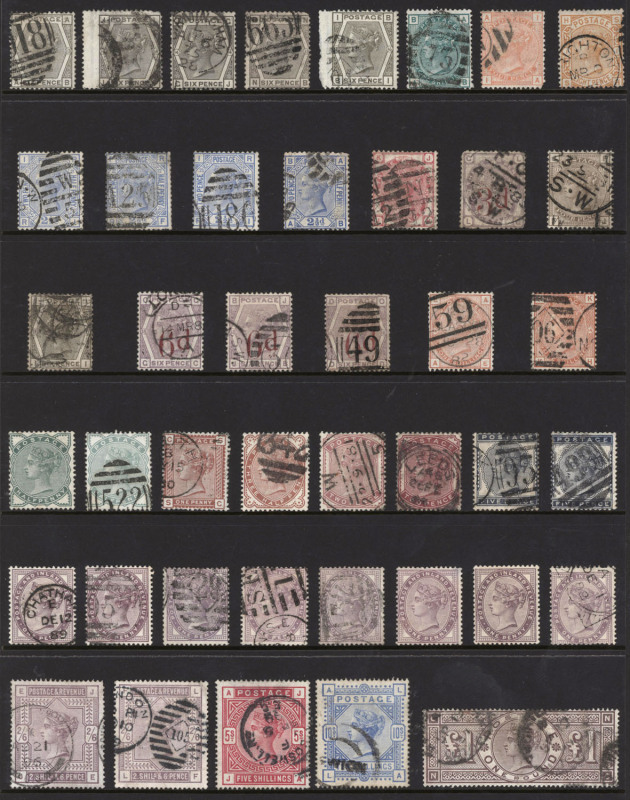 GREAT BRITAIN: 1840-1948 used collection in stockbook with imperf 1d blacks (3), 10d Embossed (scissor nick), range of Surface Printed issues incl. 1855-57 to 2/- blue (2), 1867-83 6d on 6d (3), 1883-84 2/6d (2), 5/-, 10/- & £1 Three Crowns (sound used