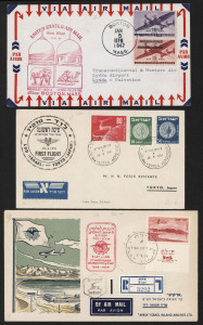 ISRAEL - Postal History: FIRST & SPECIAL FLIGHTS: 1947-61 collection of flown covers in 2 albums, nearly all registered; including Jan.1947 Boston - Lod FAM27, Apr.1951 Lod - Tokyo by S.A.S., Nov.1954 Lod - Los Angeles via North Pole route by S.A.S., July 1955 Lod - Teheran by Air France, Oct.1957 Lod - Milan by B.E.A., June 1956 Haifa - Eilat by Arkia, June 1956 Lod - Nicosia by Arkia, Feb.1957 Oslo - Tokyo - Tel Aviv by S.A.S., April 1957 Lod - New York by Air France, April 1957 Lod - Buenos