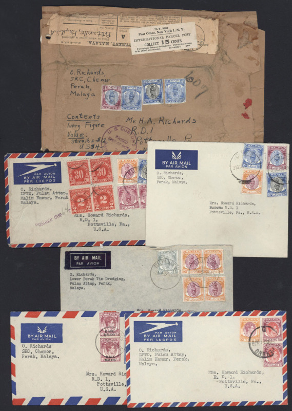 MALAYA - Postal History: 1940s-50s airmail covers mostly Perak to USA, usually sent at 95c, $1 or $1.05 airmail rates, various stamp compositions making up the rates, one sent at $1.90 double-rate, another 1952 cover underpaid with 64c in USA Dues added p