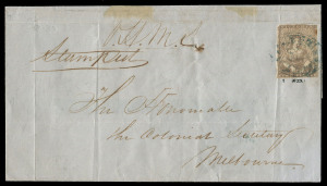 VICTORIA - Postal History: 1852 (June 13) large-part outer from Seymour to Melbourne with 2d brown-lilac Half-Length SG.16b [Pos.22] paying the 2d inland letter rate, stamp tied by BO '46/V' in greenish-blue ink, on reverse fine SEYMOUR crown oval datesta