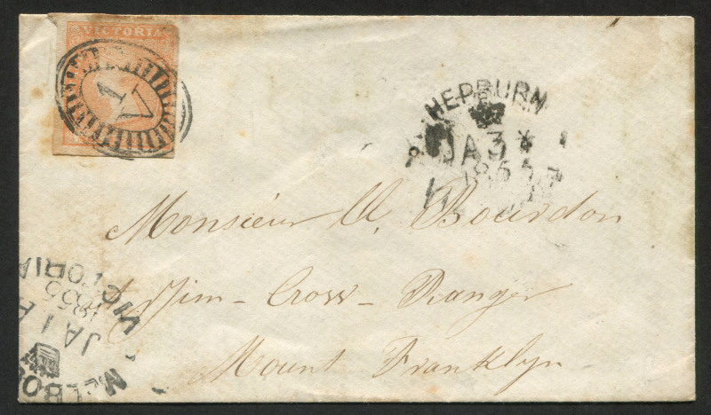 VICTORIA - Postal History: 1855 (Jan 1) inland letter rate cover from Melbourne to "Jim Crow Diggings/Mount Franklyn" with 6d Woodblock tied by BO '1/V' cancel, MELBOURNE 'JA1/1855' departure datestamp, HEPBURN 'JA3' crown oval arrival datestamp (nearest