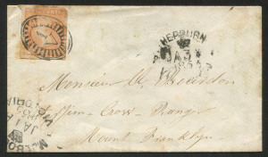 VICTORIA - Postal History: 1855 (Jan 1) inland letter rate cover from Melbourne to "Jim Crow Diggings/Mount Franklyn" with 6d Woodblock tied by BO '1/V' cancel, MELBOURNE 'JA1/1855' departure datestamp, HEPBURN 'JA3' crown oval arrival datestamp (nearest post office).