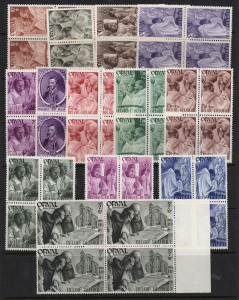 BELGIUM: 1941-51 mostly mint collection on hagners incl. 1941 Orval & Soldiers' Families sets in blocks of 4 MUH, 1942 Winter Relief Fund 5fr+20fr M/S (both), 1943 Winter Relief Fund in blocks of 4 MUH, 1948 Exports, Painters, Gallait sets, 1949, 1950 & 1951 TB Fund sets, 1950 Athletics set + M/S, etc; condition generally fine/very fine mint, high catalogue value.
