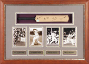 AUSTRALIAN CRICKET CAPTAINS, display comprising miniature cricket bat signed by Don Bradman, Allan Border, Steve Waugh & Greg Chappell, window mounted with photographs of each captain, framed & glazed, overall 69x50cm. With CoA.