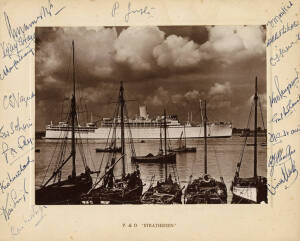 1947-48 INDIAN TOUR TO AUSTRALIA: Photograph of P&O 'Stratheden', signed on the mount by the Indian team, with 18 signatures including L.Armanath (captain), V.S.Hazare & V.Mankad, overall 25x20cm.
