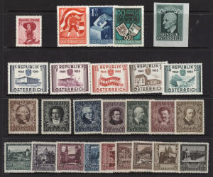 AUSTRIA: 1919-50s odd lot with 1919-20 Parliament, 1920-21 Arms & 1920-21 Numerals values in mint multiples incl. larger blocks & part sheets, few mints sets incl. 1922 Musicians, 1923 Views, 1950 Carinthia 1955 Parliament, plus1948-49 40g Bruckner imperforate; also few used oddments and covers.
