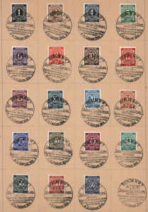 GERMANY: Allied Occupation: 1946 large piece with range of Numerals to 80pf incl. scarce 42pf green, each stamp individually tied by Berlin '09.2.46' commemorative datestamps; also 24pf tied to piece by Dachau Concentration Camp '27.4.1945' (day of liberation) datestamp (scarce). 2 items.