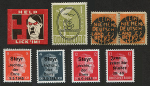 GERMANY: Locals & Cinderellas: 1923-45 unusual overprints selection with including Steyr locals (3), 150pf Reaper pair each with circular overprints (translates as "Lend no more money to Germany it cheated in 1923", also 'HELP/LICK 'IM!' anti-Hitler propaganda label, plus two other items. (7 items).