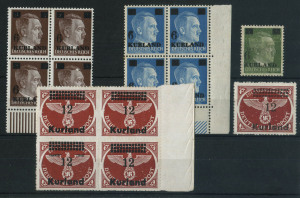GERMANY: German Occupation - Kurland: 1945 Hitler Heads '6' on 10pf brown marginal block of 4 and '6' on 20pf cobalt-blue corner block of 4 MUH, plus '6' on 5pf unused, also Surcharged 12a Eagle sawtooth roulette Mi 4B marginal block of 4, the lower-left