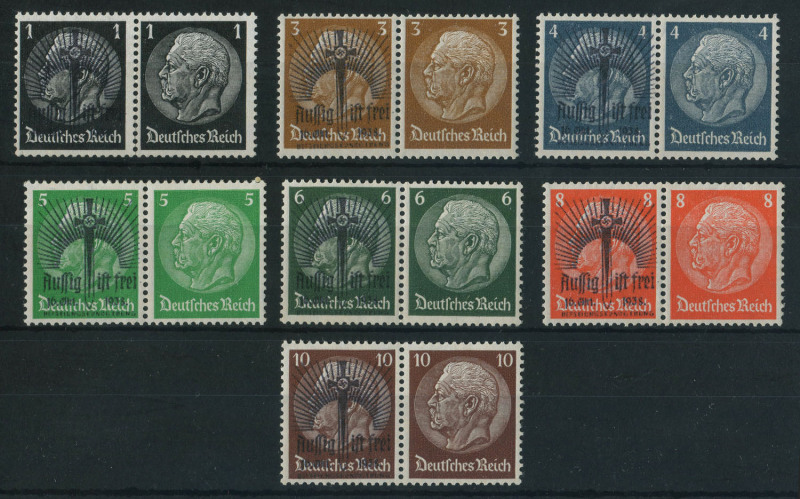 GERMANY: German Occupation - Sudetenland: 1938 1pf to 10pf pairs, the left side unit of each pair with unofficial Sword & Swastika overprints for the occupation of the town of Aussig.