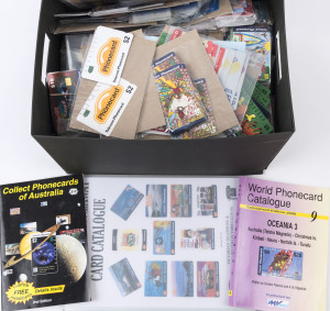 AUSTRALIA: General & Miscellaneous: PHONECARDS: accumulation in small carton with higher denomination cards to $30, noting cards for Telecom 1992 Barcelona Olympics, Telstra 1996 Sydney to Hobart Yacht Race, plus lots of thematic cards, etc; also Australian Phoneaway catalogue, World Phonecard Catalogue (Oceania 3). Worthy of closer inspection.