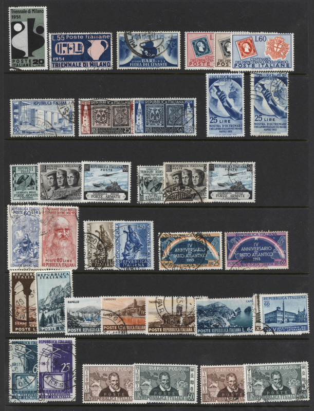 ITALY: 1951-1990s mint & used array on hagners with 1951 Milan used, 1960 Olympics set in pair MUH, some 1970s issues im MUH blocks of 4; also earlier back-of-the-book material incl. postage dues, parcel post, AMG/FTT & AMG/VG overprints, Occupation of Mo