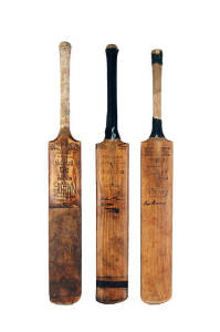 SIGNED CRICKET BATS: Bill Brown signature on "Slazengers - Bill Brown" Cricket Bat; Arthur Morris signature on "Slazengers - Arthur Morris" Cricket Bat; Neil Harvey signature on "Stuart Surridge - Neil Harvey" Cricket Bat. All match-used, Fair/Good condit