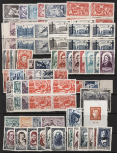 FRANCE: 1940-75 mostly mint collection with 1943 National Aid se-tenant strips of 5 (2), 1947 500fr, 1949 Air 100fr to 500fr in blocks of 4 MUH plus 1000fr used, 1950 Red Cross , 1957 Red Cross imperforate marginal singles (in different colours to issued stamps), 1958 Europa 35fr imperforate proofs (2), multiples incl. 1960 Red Cross in blocks of 6, generally very fine MLH/MVLH, some MUH, high catalogue value.