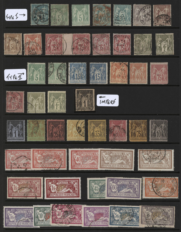 FRANCE: 1876-1940 valuable collection neatly presented on hagners 1876-77 Peace & Commerce to 1fr (2, one mint) incl. 75c Type II mint (shallow thin, rounded corner) plus imperf 1c black used, Mersons with 50c, 1fr & 10fr mint & 20fr used, 1918 15c+5c Red