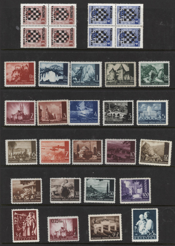 CROATIA: 1941-45 mint collection with 1941 (Apr. 12 & Apr.12) sets Mi.1-23 complete, Views set of 19 in blocks of 4 MUH (gum adhesion 100k), 1943 Zagreb 18k+9k Zagreb block of 12, plus 18k+9k M/S, etc; also 2001 Europa sheetlet (MUH).