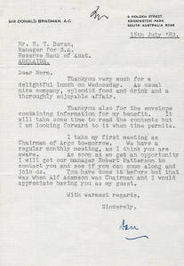 DON BRADMAN, letter dated 15th July.1982 to Norm Bevan on "Sir Donald Bradman A.C." letterhead, signed "Don".