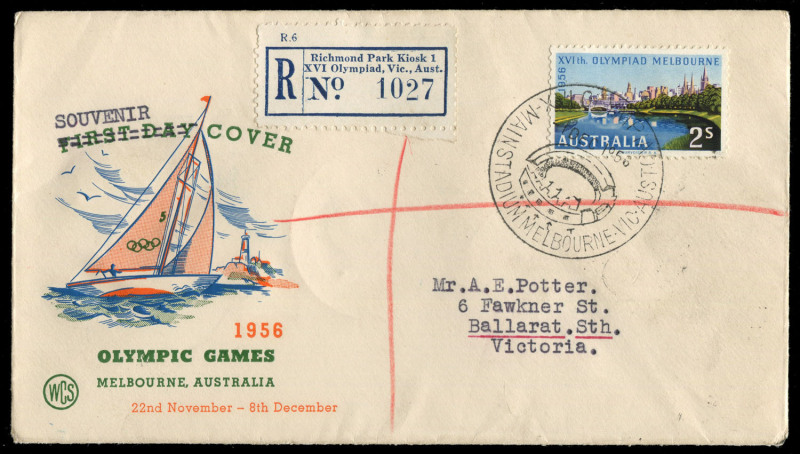 AUSTRALIA: First Day & Commemorative Covers: MELBOURNE OLYMPICS 1956: Temporary Post Office Registered covers from Richmond Park Kiosk No.1 (1/12/56), Richmond Park Kiosk No.3 (1/12/1956) and LAKE WENDOUREE No.0009 (with the Lake Wendouree rowing pictoria