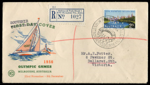 AUSTRALIA: First Day & Commemorative Covers: MELBOURNE OLYMPICS 1956: Temporary Post Office Registered covers from Richmond Park Kiosk No.1 (1/12/56), Richmond Park Kiosk No.3 (1/12/1956) and LAKE WENDOUREE No.0009 (with the Lake Wendouree rowing pictorial postmark). A scarce trio in fine condition. (3).