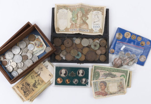 Coins & Banknotes: General & Miscellaneous Lots: Assortment with Australia QEII circulated $1 banknotes (31), 1982 RAM proof coin set, 1984 uncirculated coin set, also Banque de L'Indochine (Noumea) well circulated 100fr banknote, worldwide coins mostly European or British Commonwealth incl. British East Africa 1914 1 shilling. Might surprise. (small qty)