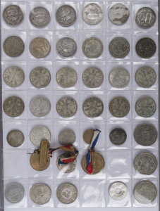 Coins - World: World collection with Australia florins 1927 Canberra (7), 1951 (11) & 1954 (3), also 1966 50c Round; overveas coins with representations from Great Britain, France, Lebanon, Switzerland, amongst others with small percentage of silver coins; also a few medallions; some items heavily circulated, generally fair to fine.