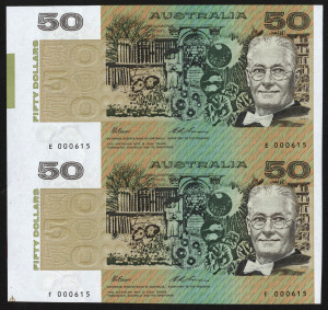 Banknotes - Australia: Decimal Banknotes: 1994 Note Printing Branch $50 Fraser/Evans uncut pair with black serial numbers E000615/F000615, in original presentation folder numbered '0615' in red, Retail $250+.