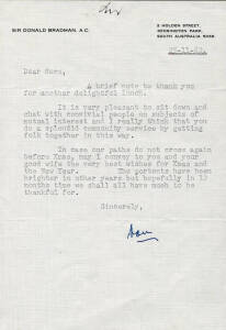 DON BRADMAN, letter dated 25th Nov.1982 to Norm Bevan (SA manager of the Reserve Bank of Australia) on "Sir Donald Bradman A.C." letterhead, signed "Don". Together with photocopy of another letter dated 30th Dec.1982 asking Norm to provide a current value