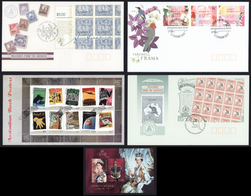 AUSTRALIA: Decimal Issues: FDCs: 2003-2009 collection in four volumes, including framas, M/Ss, Intenational Post, all in very fine unaddressed condition. Retail potential. (100s)