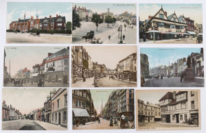 WORLD - Picture PostcardsGreat Britain: mostly1900s-1940s British cards in two shoeboxes (one somewhat affected by damp), majority coloured cards, the first box including lots of small town street scenes, plus a few real-photo & humorous cards, second box (damp affected) with higher proportion of famous buildings/monuments; smattering of foreign (mostly European) cards throughout; condition variable. (100s)