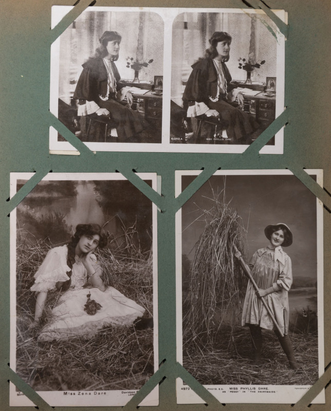 WORLD - Picture PostcardsEntertainment: old-time postcard album of British cards mostly showing Actresses, many are real-photo types incl. Pauline Chase, Phyllis & Zena Dare, Evie Greene, Doris Stocker, Marie Studholme, Dorothy Ward amongst others; used o