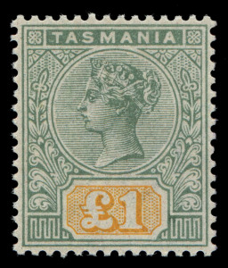 TASMANIA: 1892-99 (SG.216-225) ½d to £1 Tablets fine mint, key 10/- & £1 values MVLH, also a few low value shades plus 5d (marginal) & 6d blocks of 4 and 1906-09 Crown/A 1/- Perf. 11 SG.257a (hinge remnant), total Cat. £880+. (22)