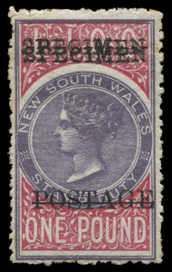 NEW SOUTH WALES: 1885-86 (SG.240as) £1 lilac & claret perf.12, 'POSTAGE' overprint in black, with "Doubled Type 7 'SPECIMEN' overprint", usual rough perfs, part o.g. An impressive variety. RPSofV Cert (2020)