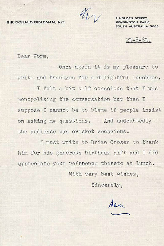 DON BRADMAN, letter dated 23rd Aug.1983 to Norm Bevan on "Sir Donald Bradman A.C." letterhead, signed "Don". Together with photocopy of a letter dated 17th Nov.1983 regarding book "Booth to Bat"; 1984 letter from Argo Investments Limited inviting Norm to