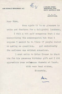 DON BRADMAN, letter dated 23rd Aug.1983 to Norm Bevan on "Sir Donald Bradman A.C." letterhead, signed "Don". Together with photocopy of a letter dated 17th Nov.1983 regarding book "Booth to Bat"; 1984 letter from Argo Investments Limited inviting Norm to 