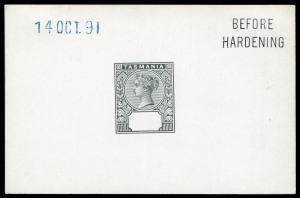TASMANIA: DIE PROOFS: 1892-99 Tablets 5d Die Proof on highly glazed card (92x60mm), De La Rue having removed the value, endorsed 'BEFORE/HARDENING' at upper-right and dated '14 OCT. 91' at upper-left. An important item demonstrating how the 5d proof was defaced to create the master die proof for the series.