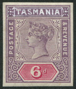 TASMANIA: ESSAYS: 1892-99 Tablets De La Rue imperforate 6d 'IMPERIUM' essay in carmine & violet with 'TASMANIA' and corner ornaments hand-painted in China white, informatively written-up on exhibit page. Superb!