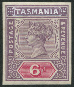 TASMANIA: ESSAYS: 1892-99 Tablets De La Rue imperforate 6d 'IMPERIUM' essay in carmine & violet with 'TASMANIA' and corner ornaments hand-painted in China white, informatively written-up on exhibit page. Superb!