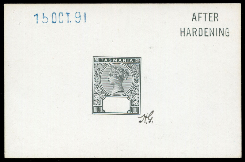 TASMANIA: DIE PROOFS:1892-99 Tablets 5d Die Proof initialled "H.G." on highly glazed card (92x60mm), endorsed AFTER/HARDENING' at upper-right and dated '15 OCT. 91' at upper-left. Of similar importance and a marvellous companion to the previous item.