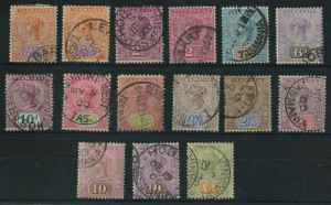 TASMANIA: 1892-99 (SG.216-225) ½d to £1 Tablets Set to 2/6d (2), 5/-, 10/- (2, one faded) & £1 (light edge toning), modest estimate reflects the condition issues, Cat £750+. (15)